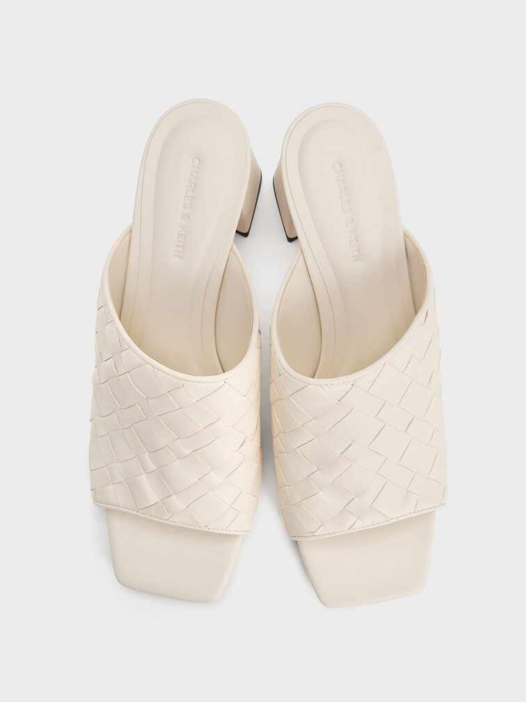 Woven Square-Toe Heeled Mules, Chalk, hi-res
