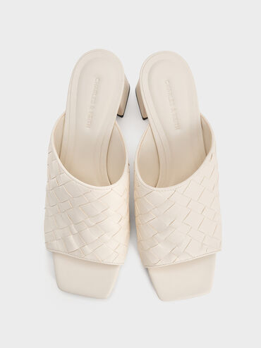 Woven Square-Toe Heeled Mules, Chalk, hi-res