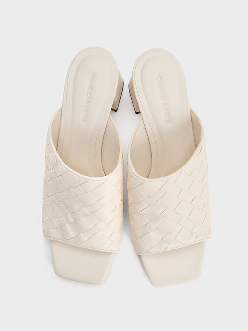 Woven Square-Toe Heeled Mules, Chalk, hi-res
