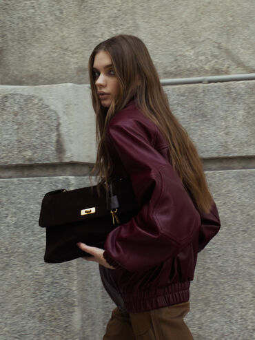 Kerry Recycled Suede Top Handle Satchel Bag, Espresso Brown, hi-res