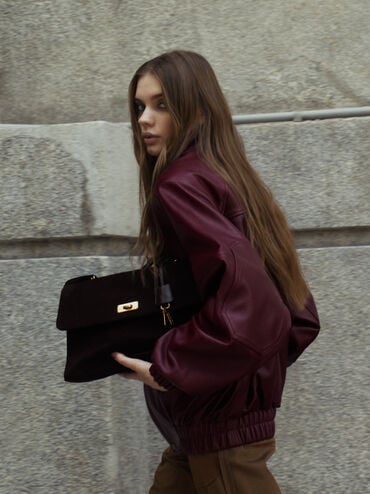Kerry Recycled Suede Top Handle Satchel Bag, Espresso Brown, hi-res