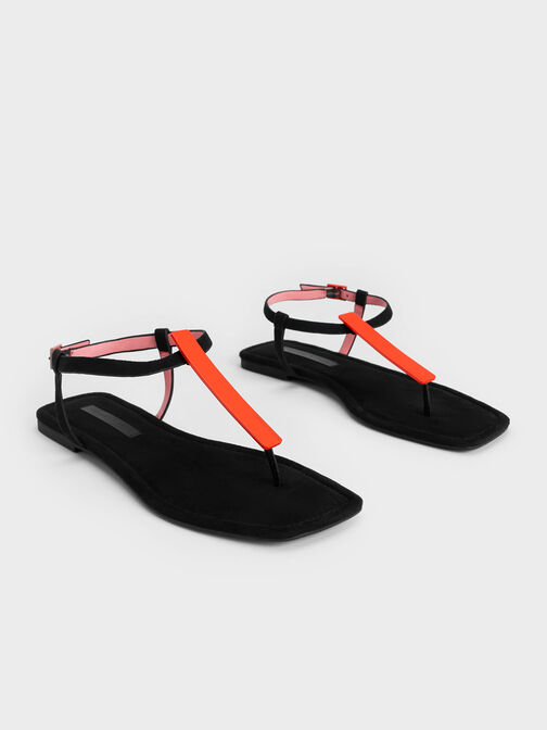 Textured Metallic Accent T-Bar Thong Sandals, Black Textured, hi-res