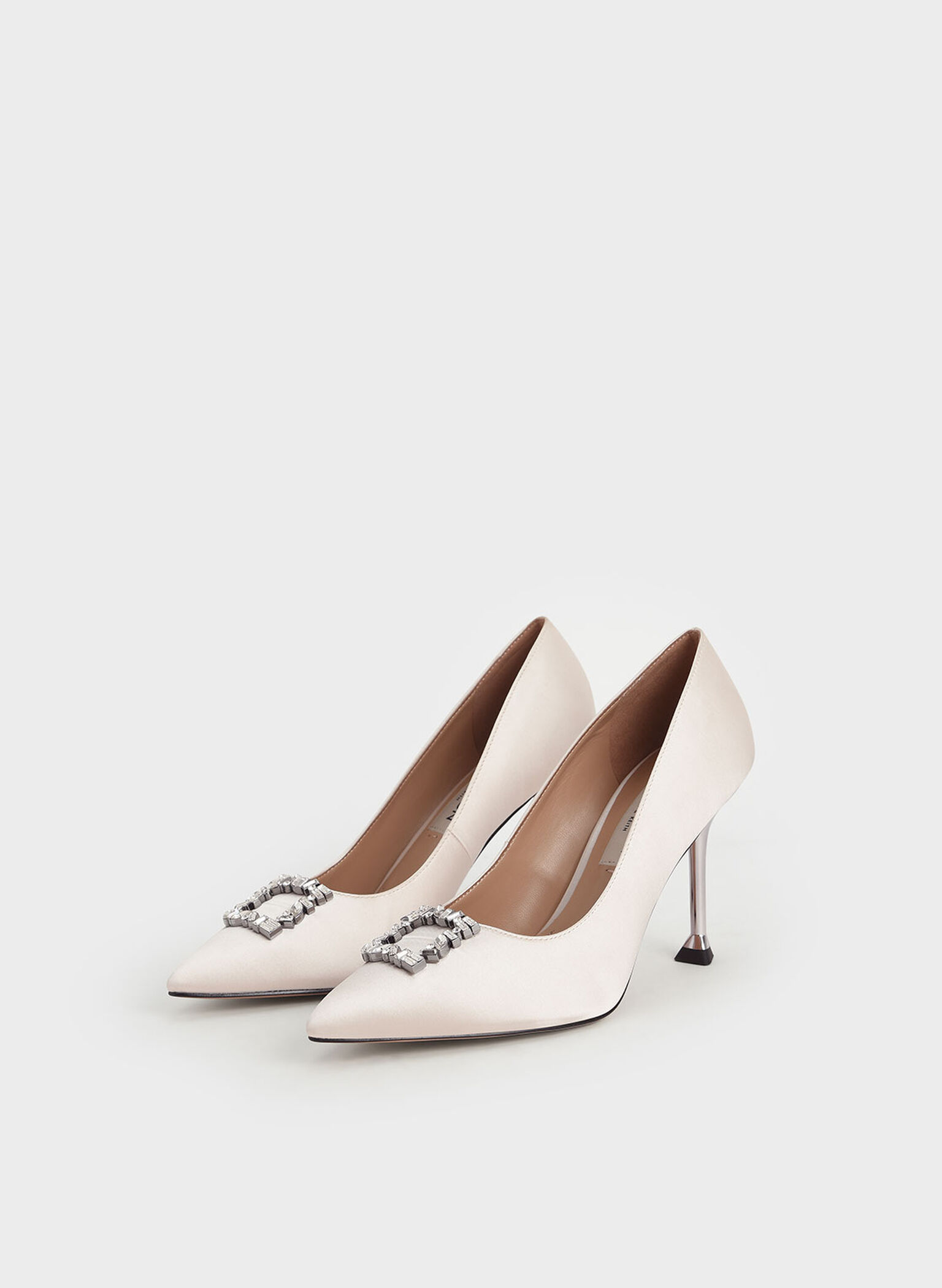 Satin Gem-Embellished Pumps, Cream, hi-res
