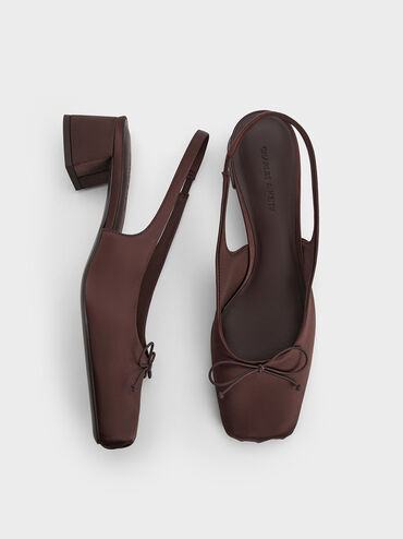 Satin Bow Square-Toe Slingback Pumps, Dark Brown, hi-res