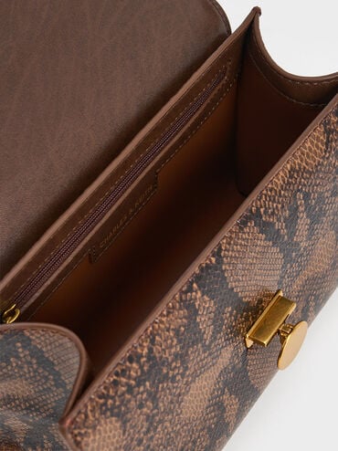 Ebba Snake Print Chain-Strap Bag, Brown, hi-res