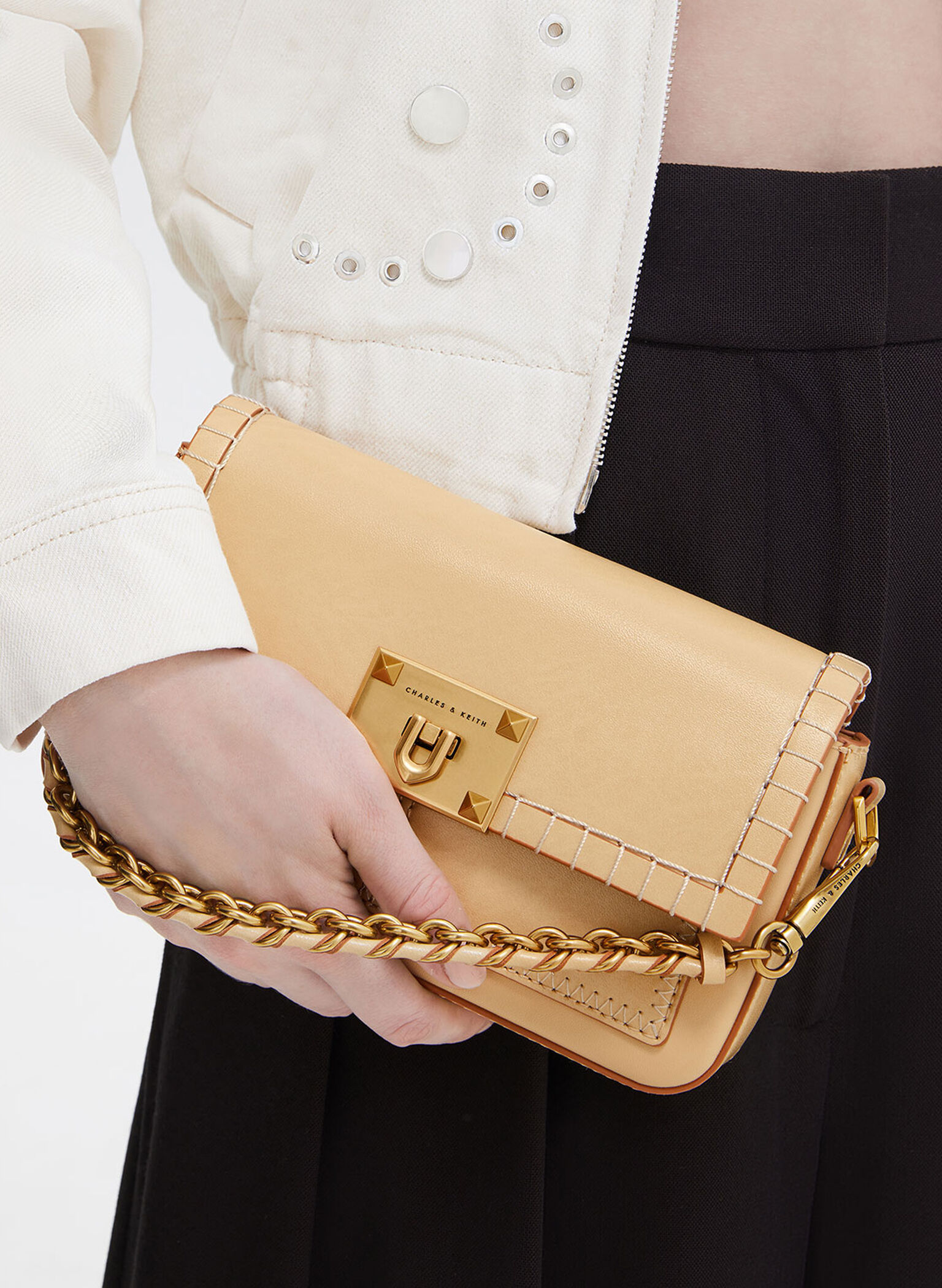 Circe Stitch-Trim Top Handle Bag, Beige, hi-res