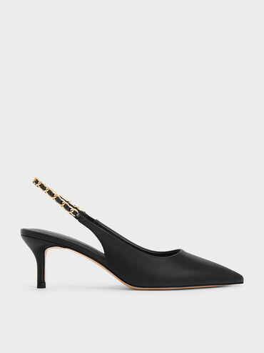 Braided-Chain Slingback Pumps, Black, hi-res