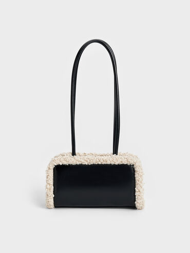 Fur-Trim Elongated-Handle Shoulder Bag, Chalk, hi-res