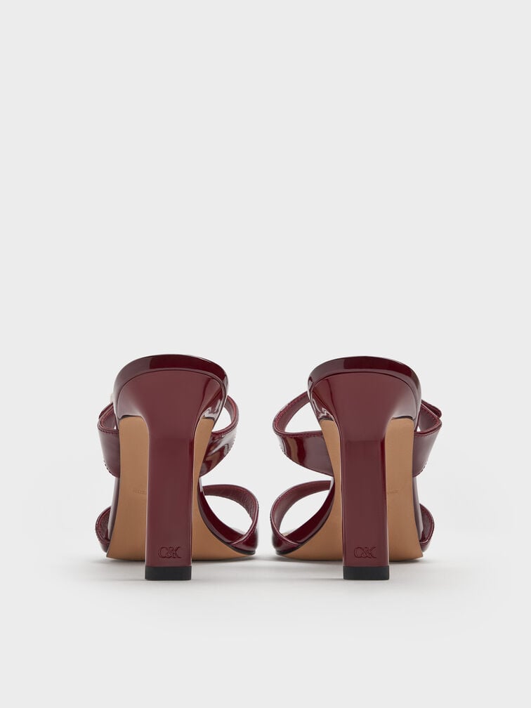 Patent Leather Gem-Buckle Double-Strap Heeled Sandals, Burgundy, hi-res