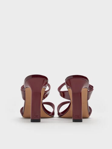 Patent Leather Gem-Buckle Double-Strap Heeled Sandals, Burgundy, hi-res