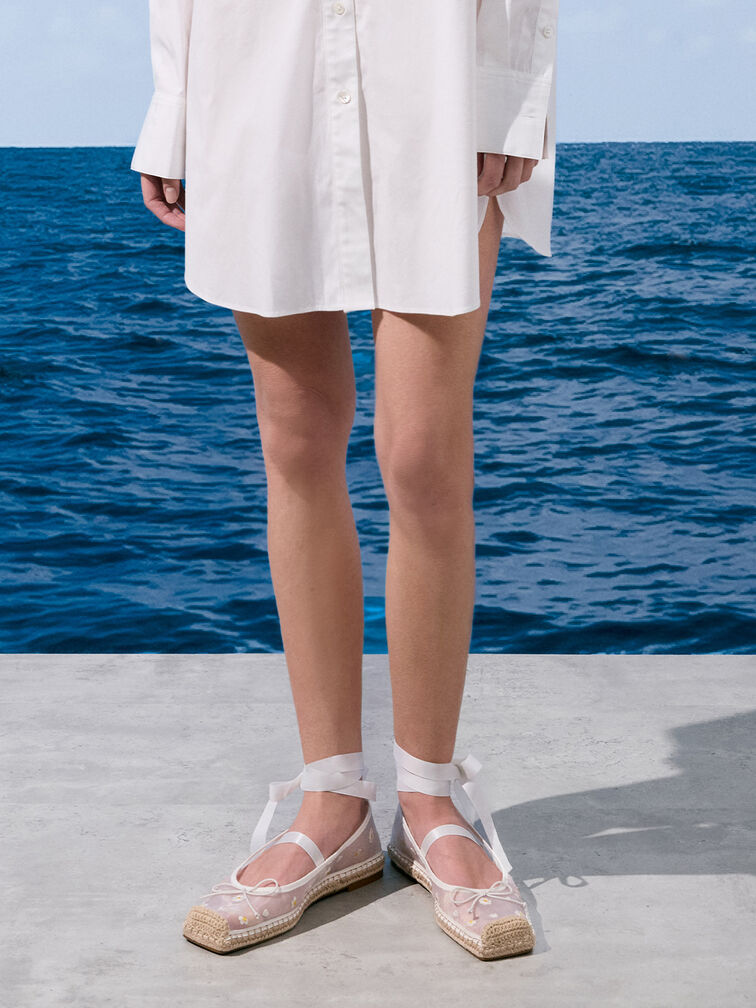 Mesh Floral-Embroidered Bow Tie-Around Espadrille Ballet Flats, White, hi-res