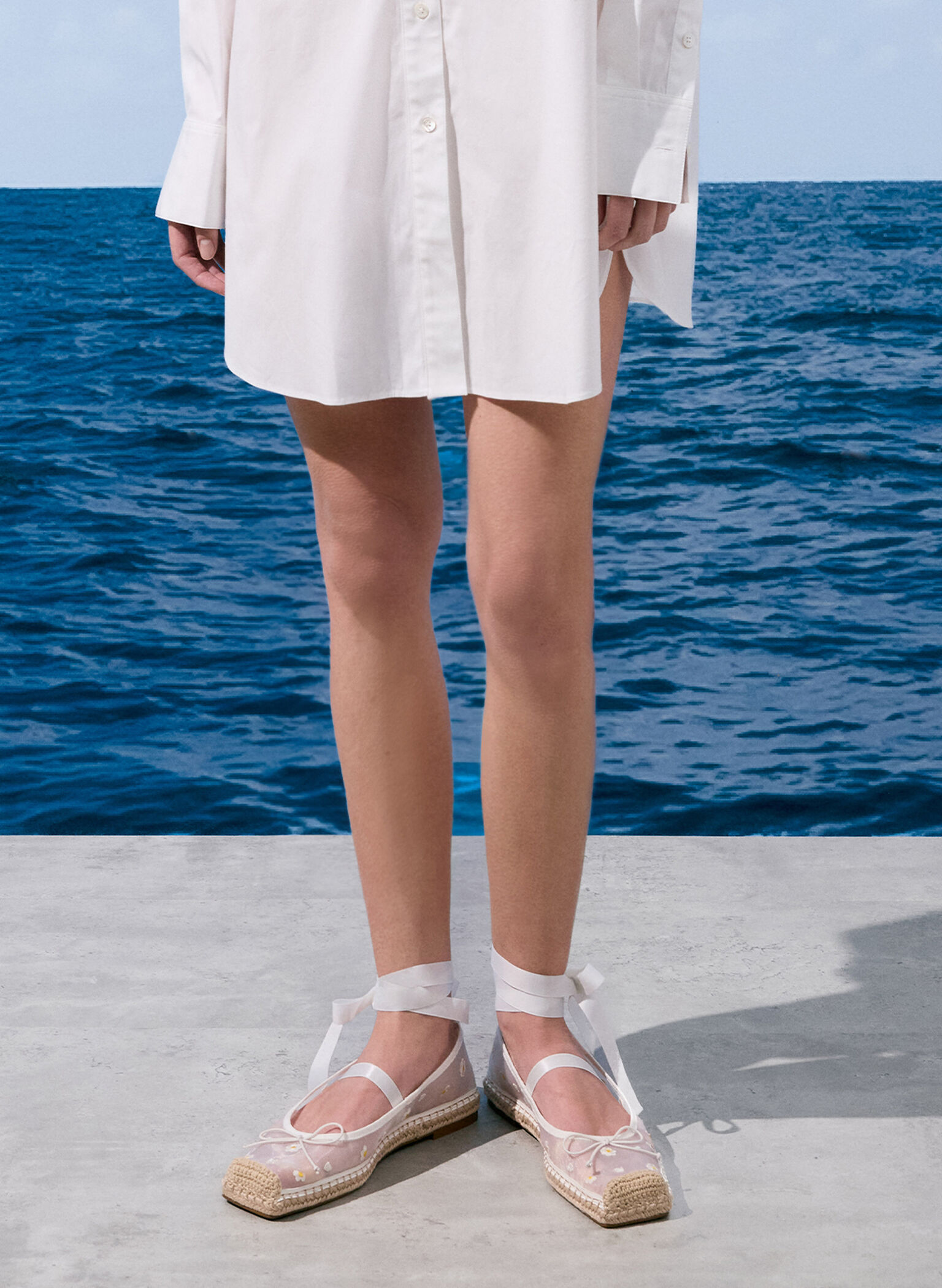 Mesh Floral-Embroidered Bow Tie-Around Espadrille Ballet Flats, White, hi-res