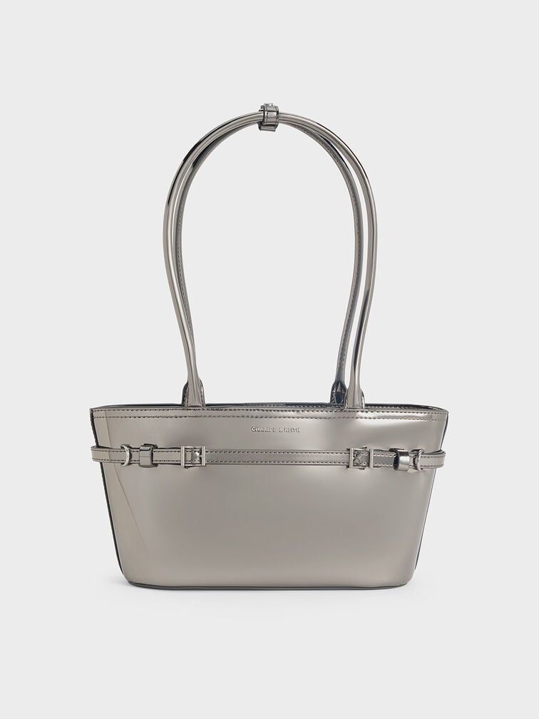 Sloane Metallic Elongated-Handle Shoulder Bag, Pewter, hi-res
