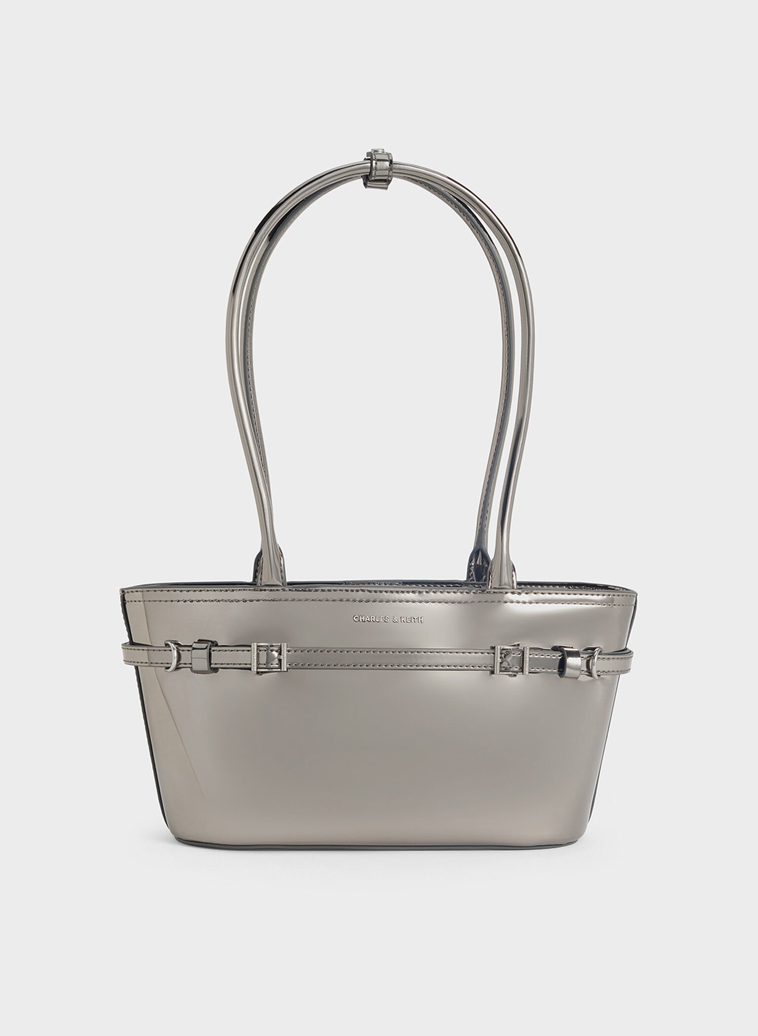 Sloane Metallic Elongated-Handle Shoulder Bag, Pewter, hi-res