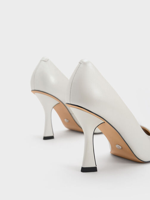 Leather Flare Heel Pumps, White, hi-res