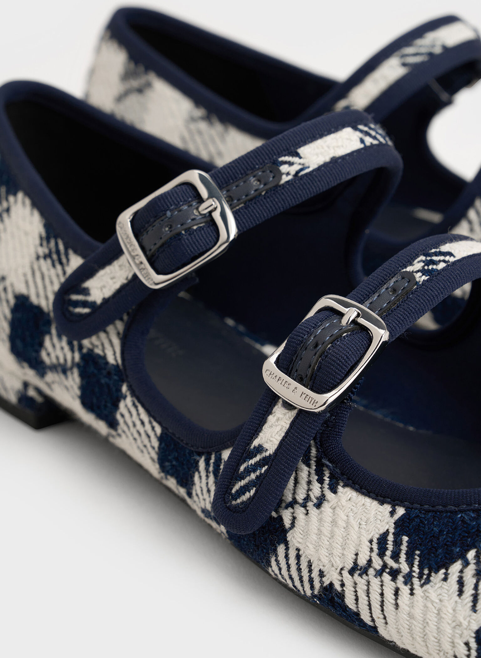Checkered Double-Strap Mary Jane Flats, Dark Blue, hi-res