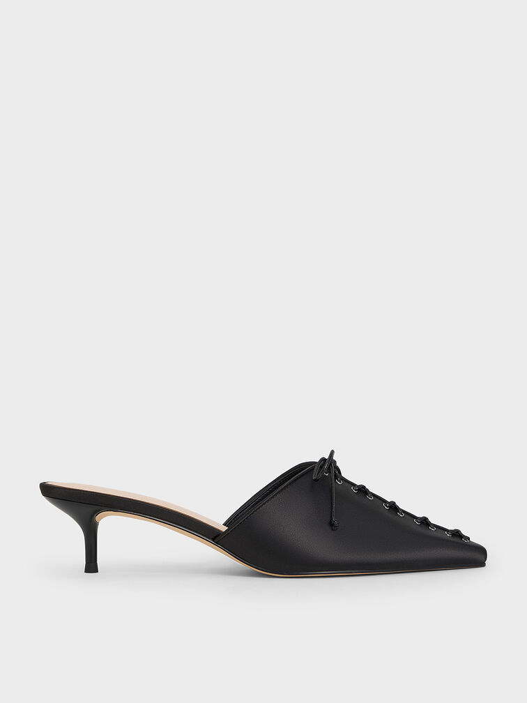 Satin Lace-Up Pointed-Toe Kitten-Heel Mules, Black Textured, hi-res