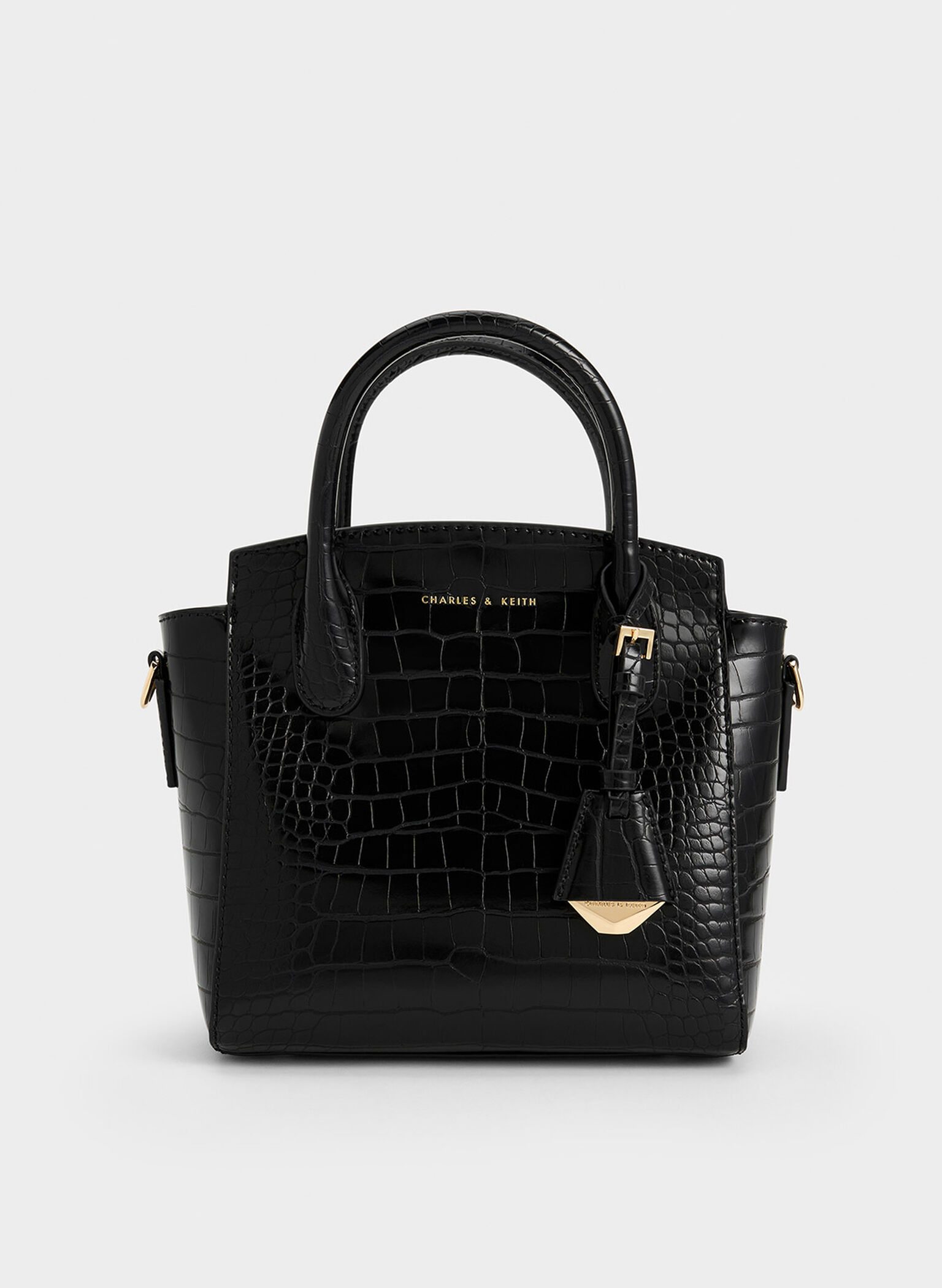 Croc-Effect Trapeze Tote Bag, Black, hi-res