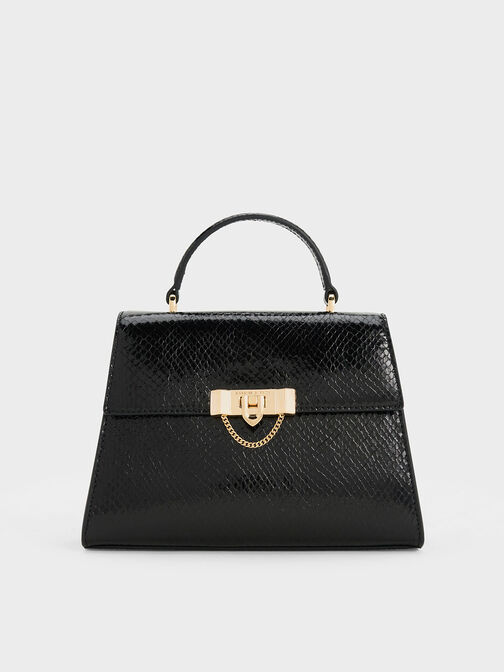 Tallulah Snake-Print Trapeze Top Handle Bag, Black, hi-res