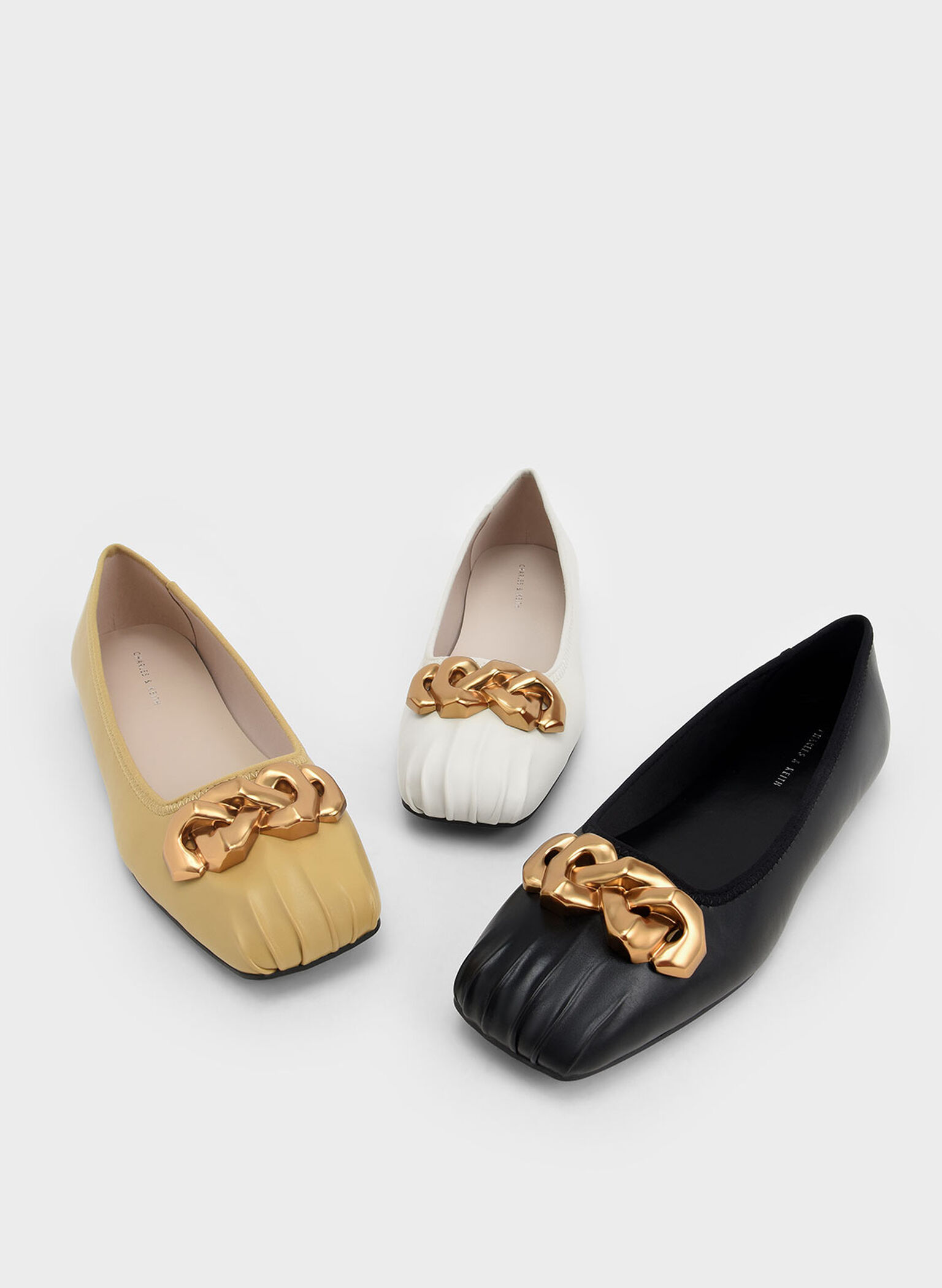Ruched Square-Toe Chunky Chain-Link Ballerinas, Mustard, hi-res