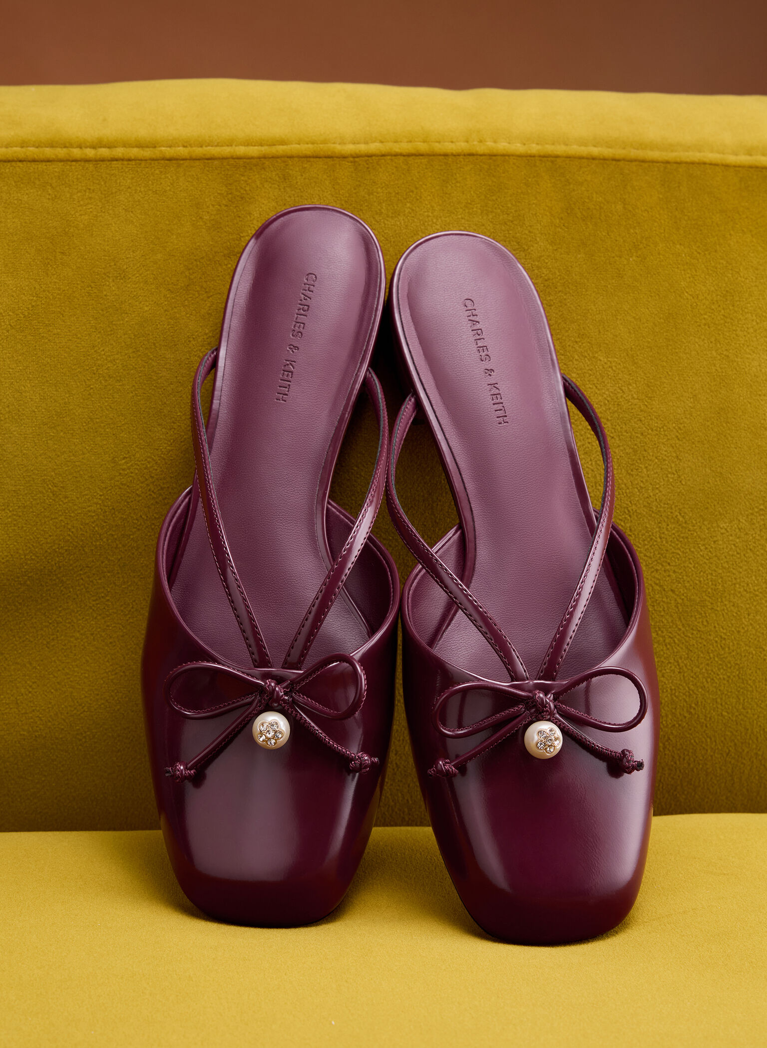 Pearl-Accent Bow Flat Mules, Burgundy, hi-res