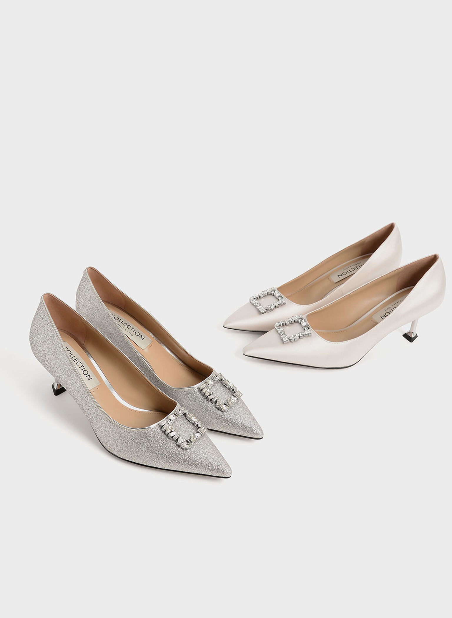 Glittered Gem-Embellished Kitten Heel Pumps, Silver, hi-res