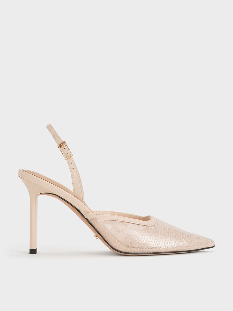 Sequin Mesh & Leather Pointed-Toe Slingback Pumps, Nude, hi-res