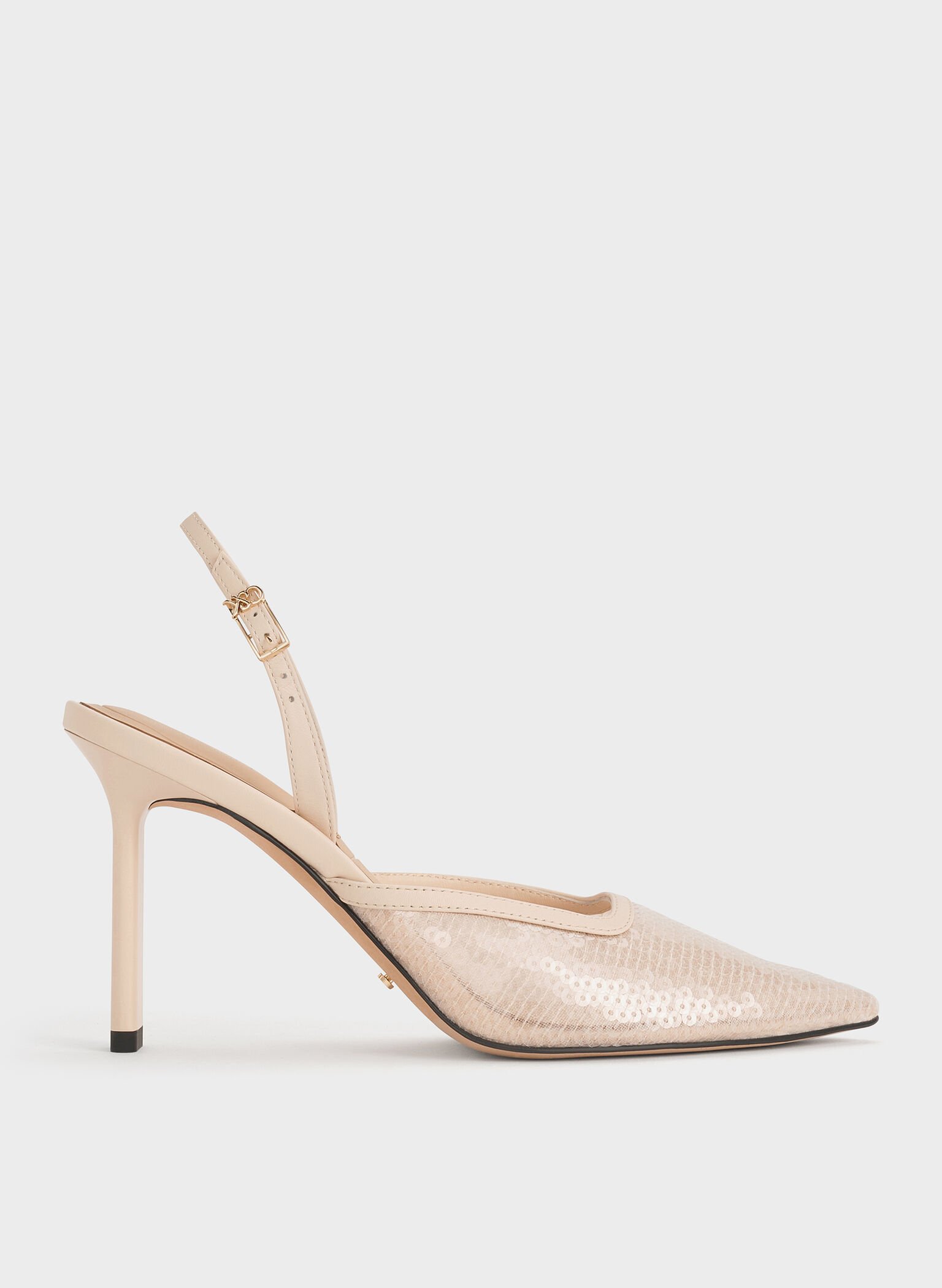 Sequin Mesh & Leather Pointed-Toe Slingback Pumps, Nude, hi-res
