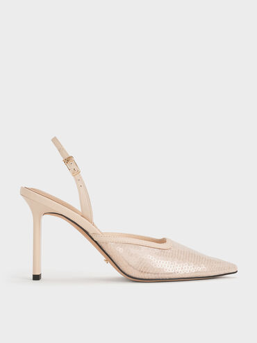 Sequin Mesh & Leather Pointed-Toe Slingback Pumps, Nude, hi-res