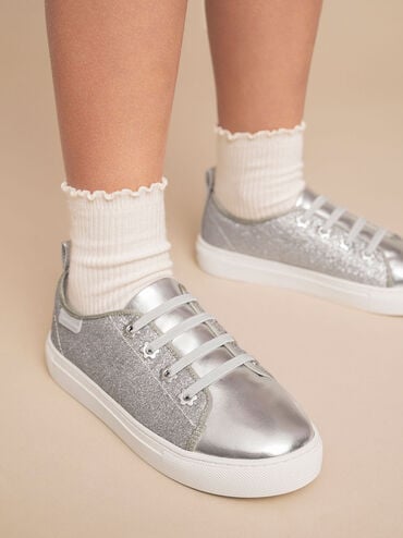 Girls' Glittered Sneakers, Silver, hi-res