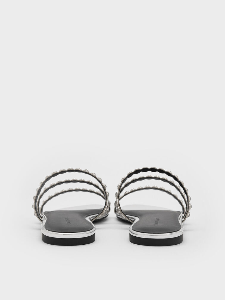 Crystal-Embellished Triple-Strap Sandals, Silver, hi-res