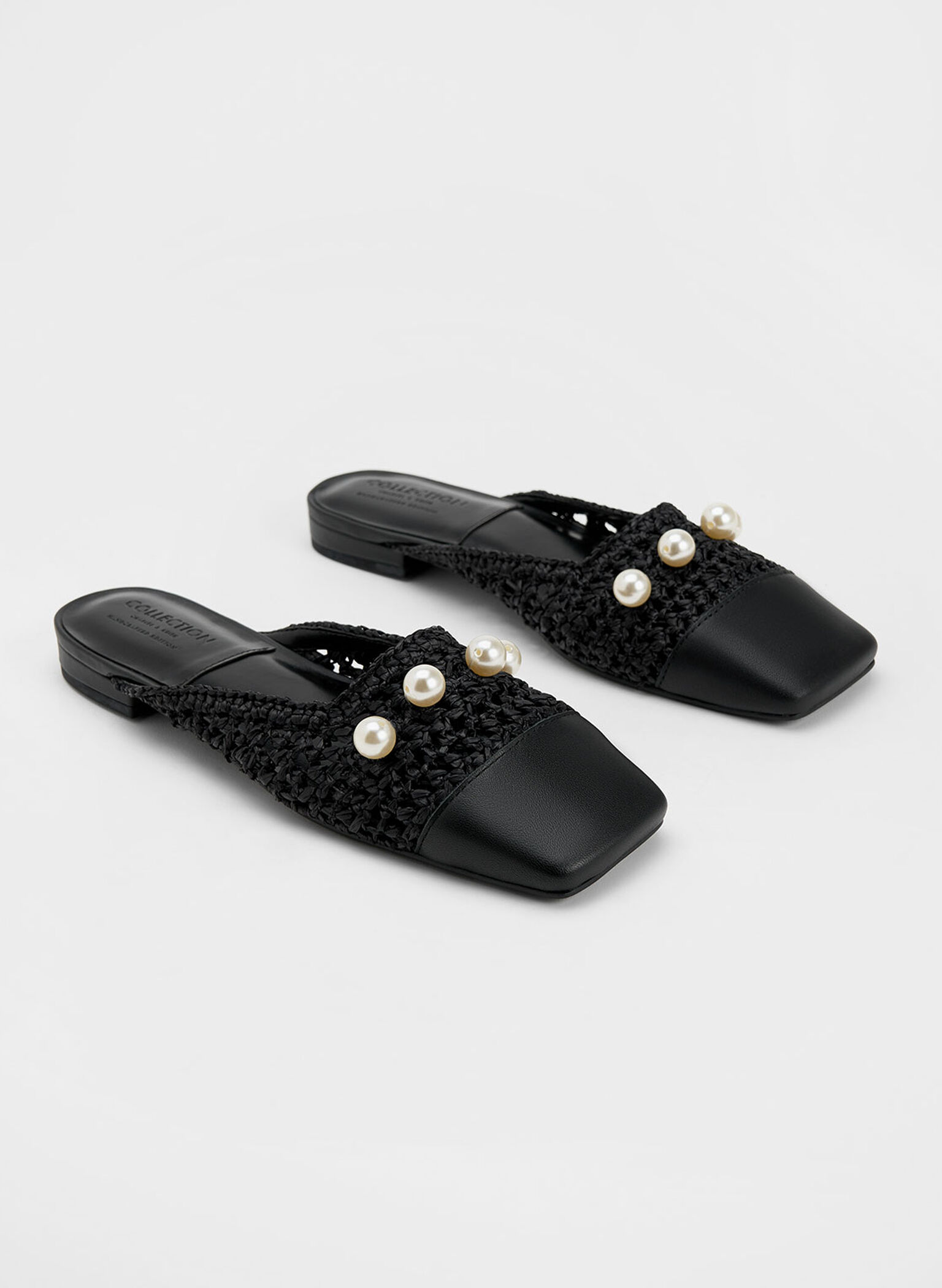 Raffia & Leather Bead-Embellished Mules, Black, hi-res