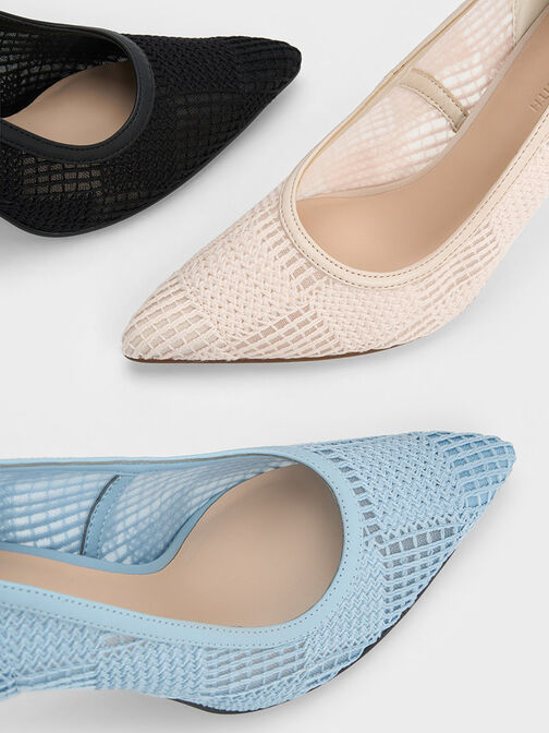Mesh Woven Pointed-Toe Pumps, Blue, hi-res