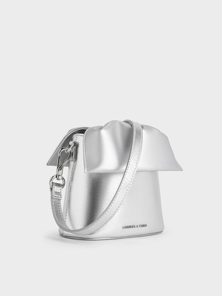 Metallic Ruched-Flap Drawstring Bucket Bag, Silver, hi-res