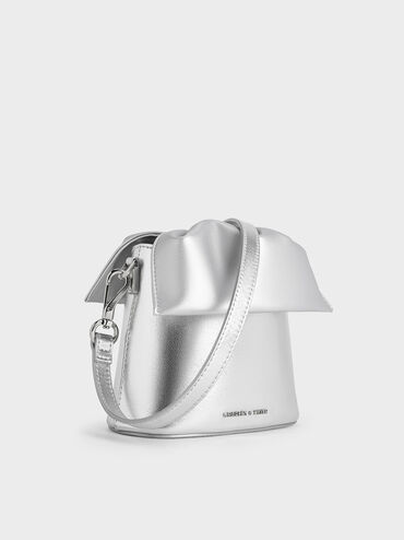 Metallic Ruched-Flap Drawstring Bucket Bag, Silver, hi-res