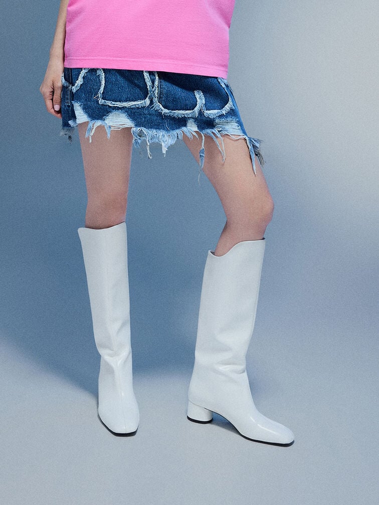 Elongated Square-Toe Knee-High Boots, White, hi-res