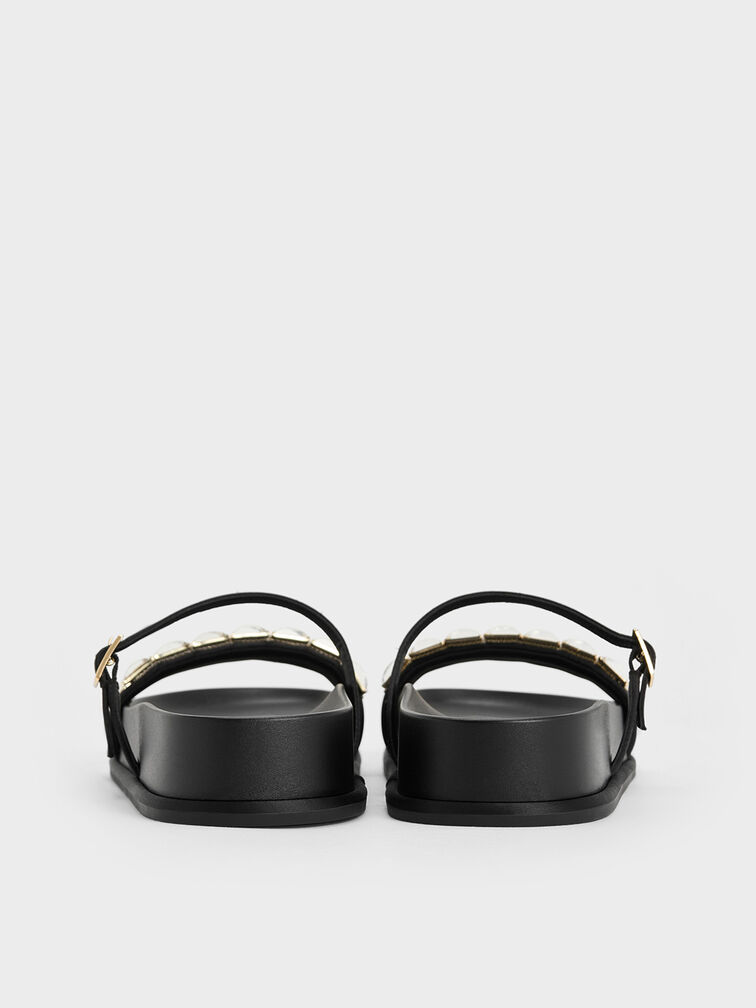 Satin Crystal-Embellished Double-Strap Sandals, Black Textured, hi-res
