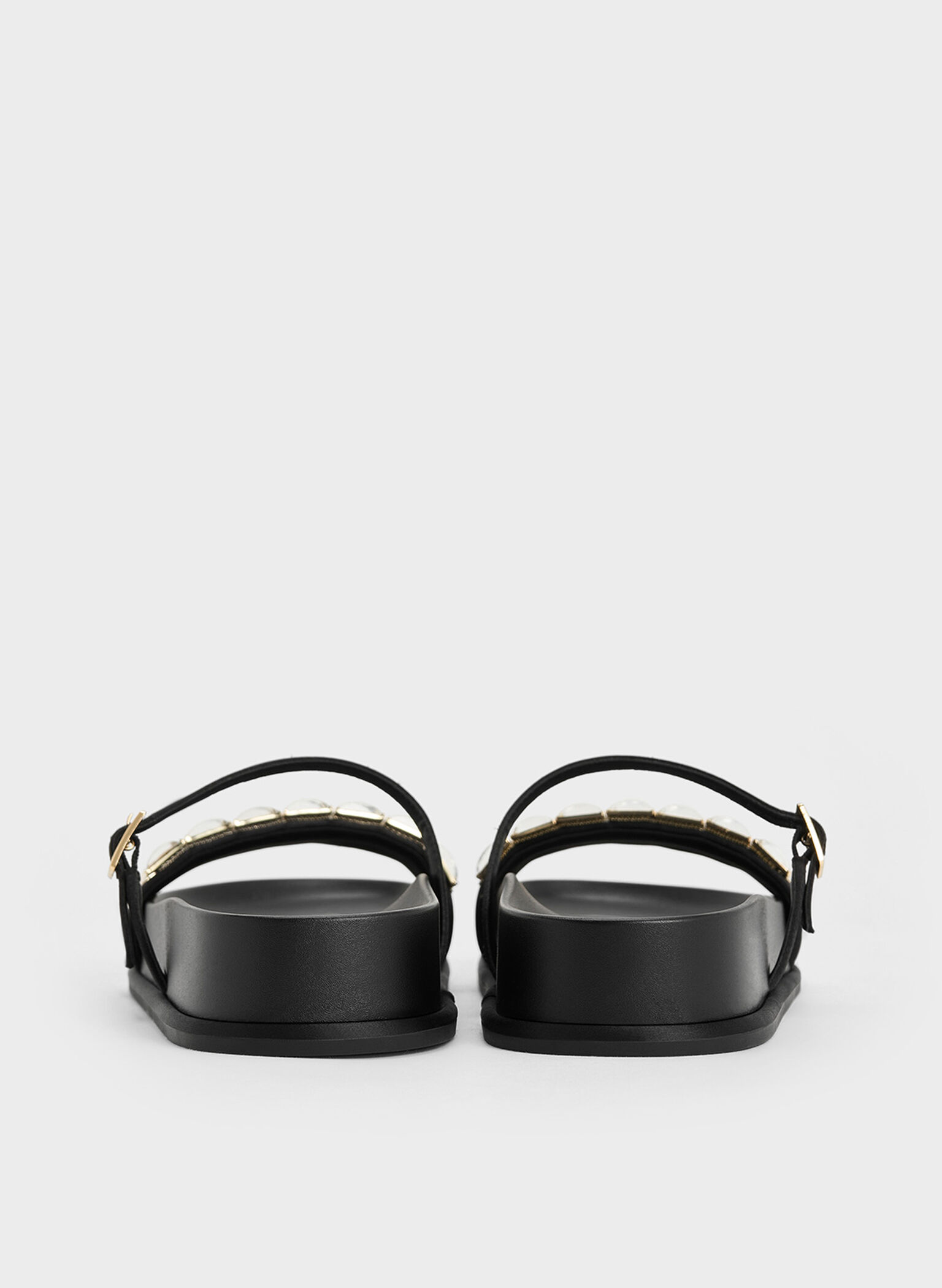 Satin Crystal-Embellished Double-Strap Sandals, Black Textured, hi-res