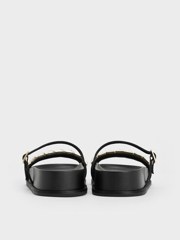 Satin Crystal-Embellished Double-Strap Sandals, Black Textured, hi-res