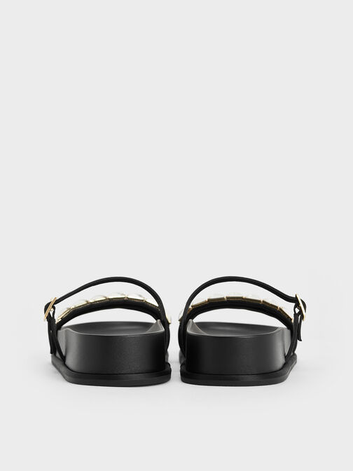 Satin Crystal-Embellished Double-Strap Sandals, Black Textured, hi-res