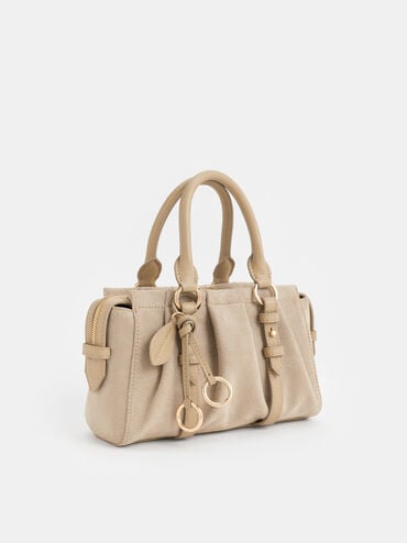 Britton Recycled Suede Ruched Top Handle Tote Bag, Nutmeg Beige, hi-res