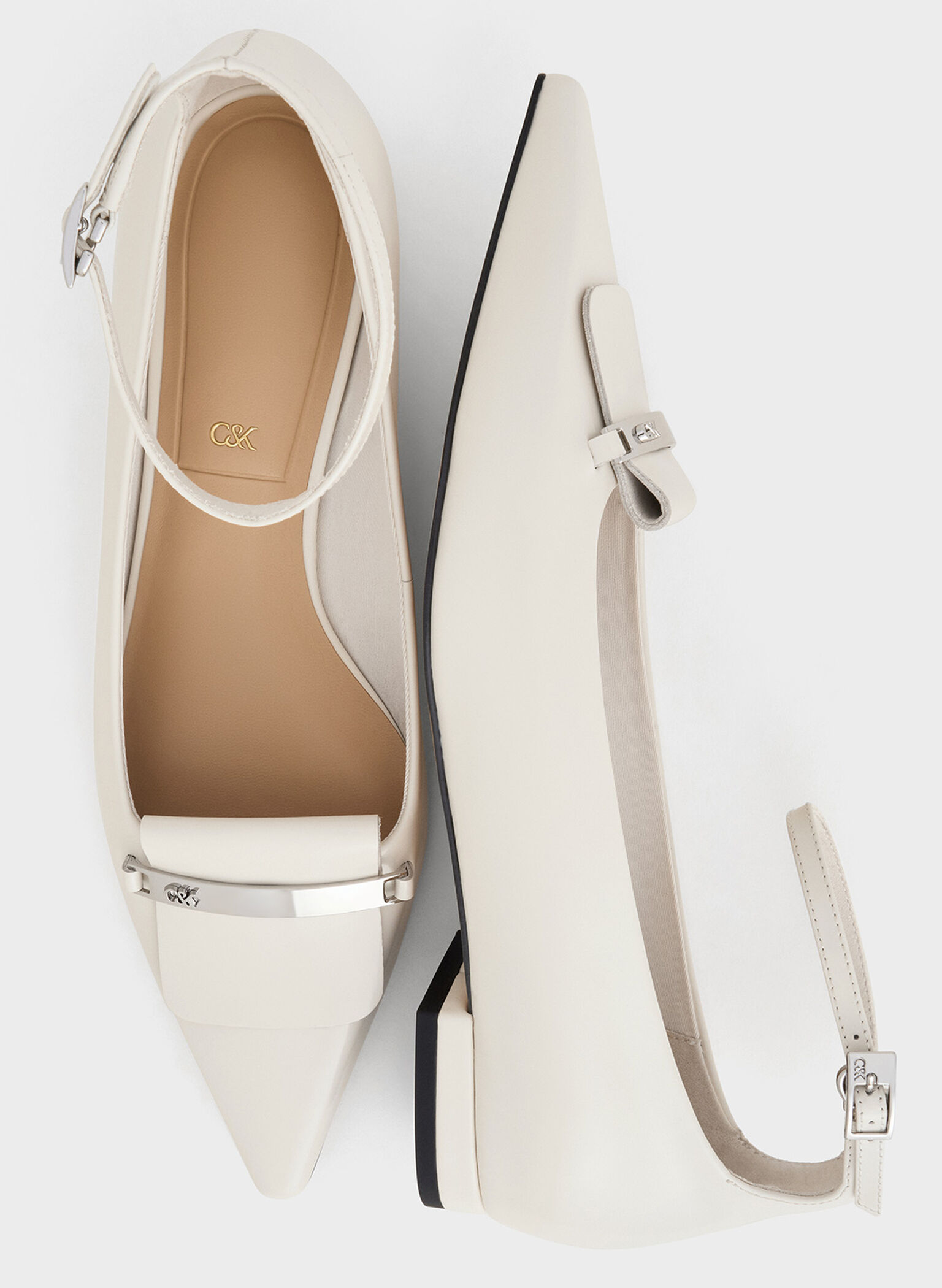 Leather Metallic-Accent Pointed-Toe Ankle-Strap Flats, Chalk, hi-res