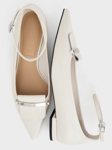 Leather Metallic-Accent Pointed-Toe Ankle-Strap Flats, Chalk, hi-res