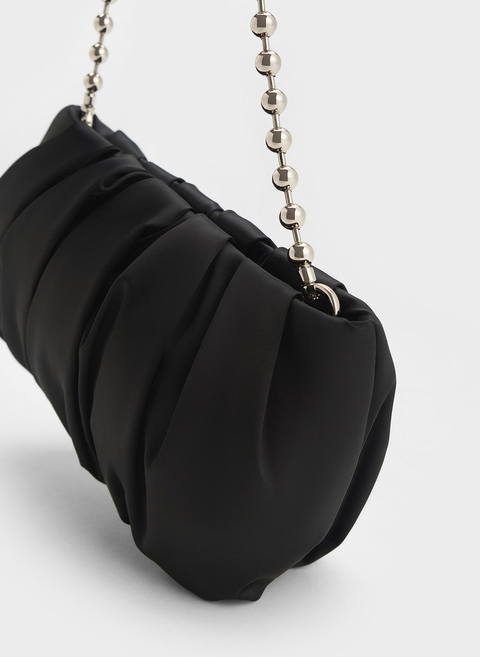 Satin Ruched Bead-Handle Bag, Noir, hi-res