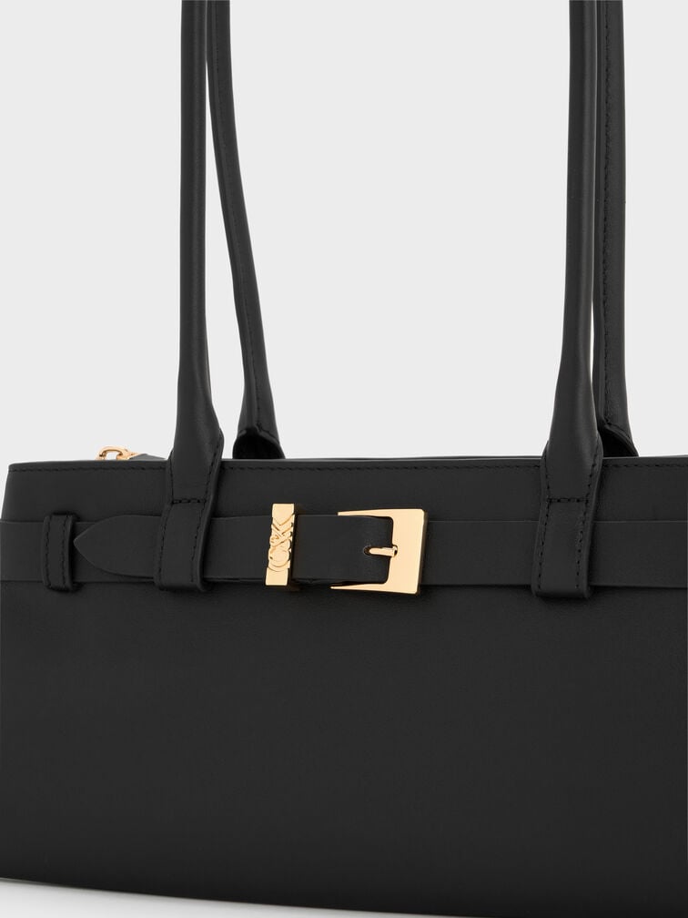 Jody Leather Belted Shoulder Bag, Black, hi-res