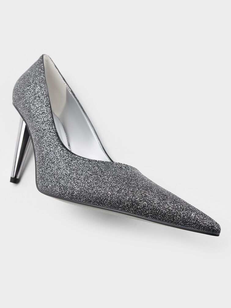Glittered Cone-Heel Pointed-Toe Pumps, Black Textured, hi-res