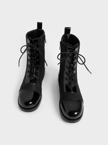 Nylon & Patent Combat Boots, Black, hi-res