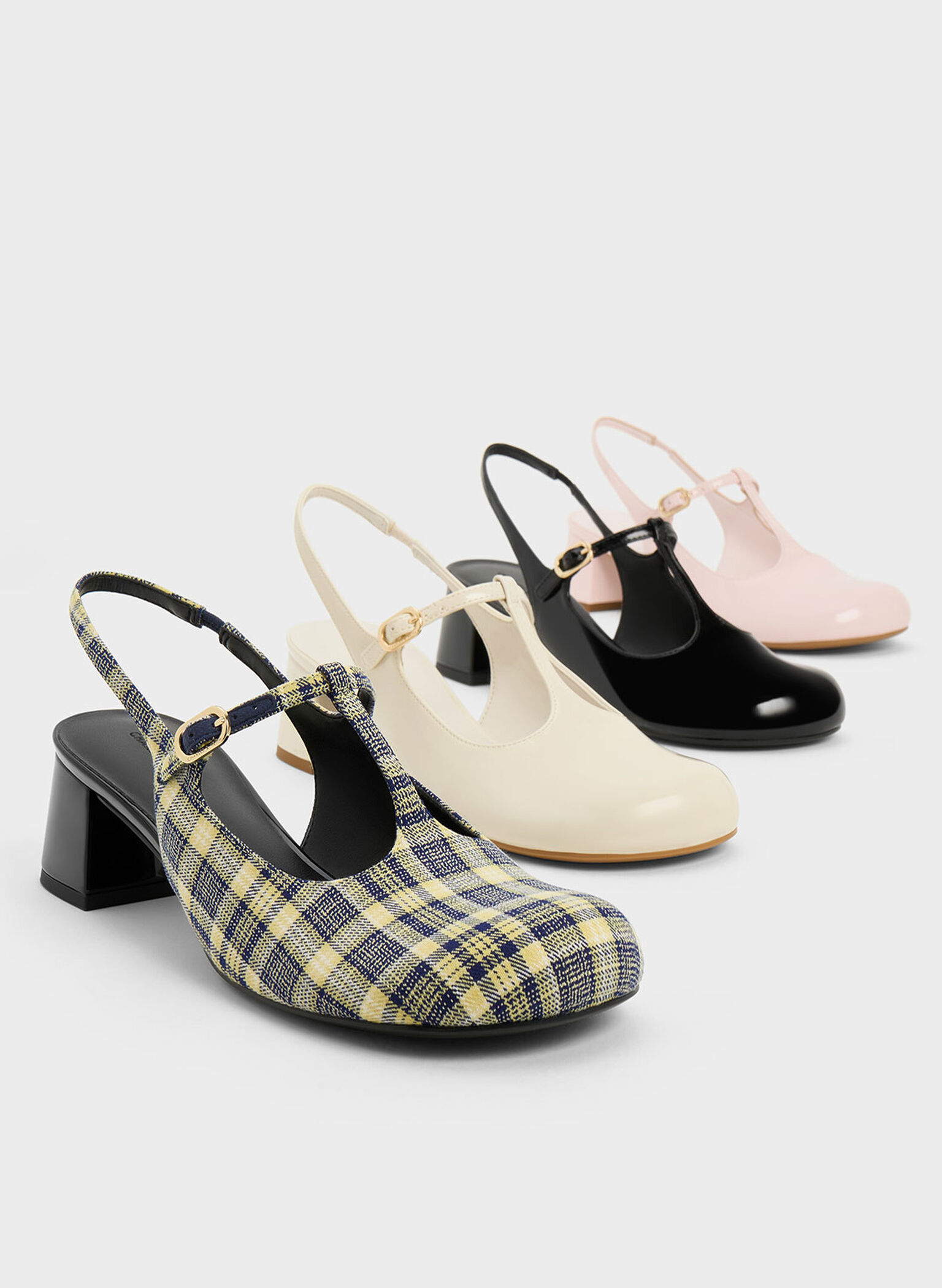 Checkered T-Bar Slingback Mary Jane Pumps, Yellow, hi-res
