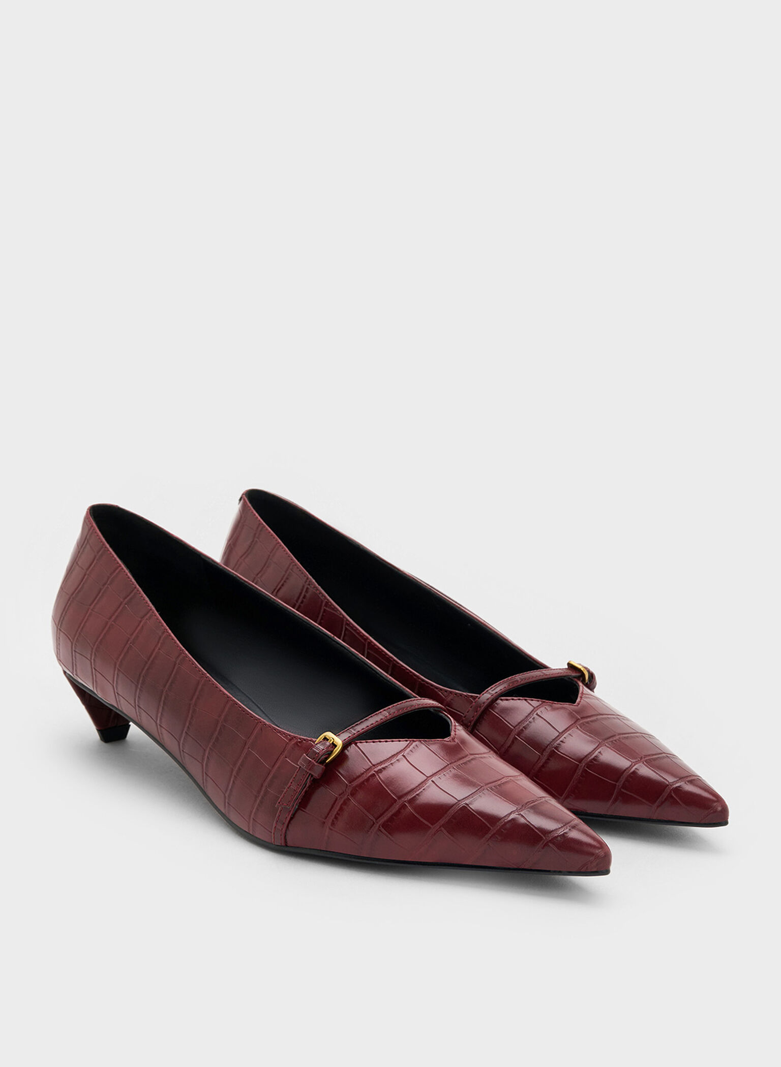 Croc-Effect Buckled Pointed-Toe Kitten-Heel Pumps, Animal Print Red, hi-res