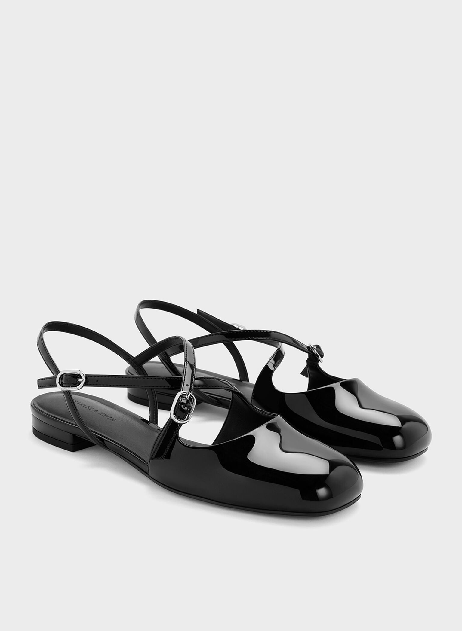 Patent Crossover Buckled Slingback Flats, Black Patent, hi-res